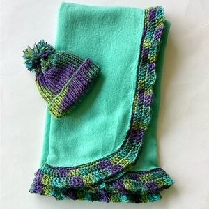Baby Blanket Hat Set Hand Crafted Green Purple Blue Fleece Crochet